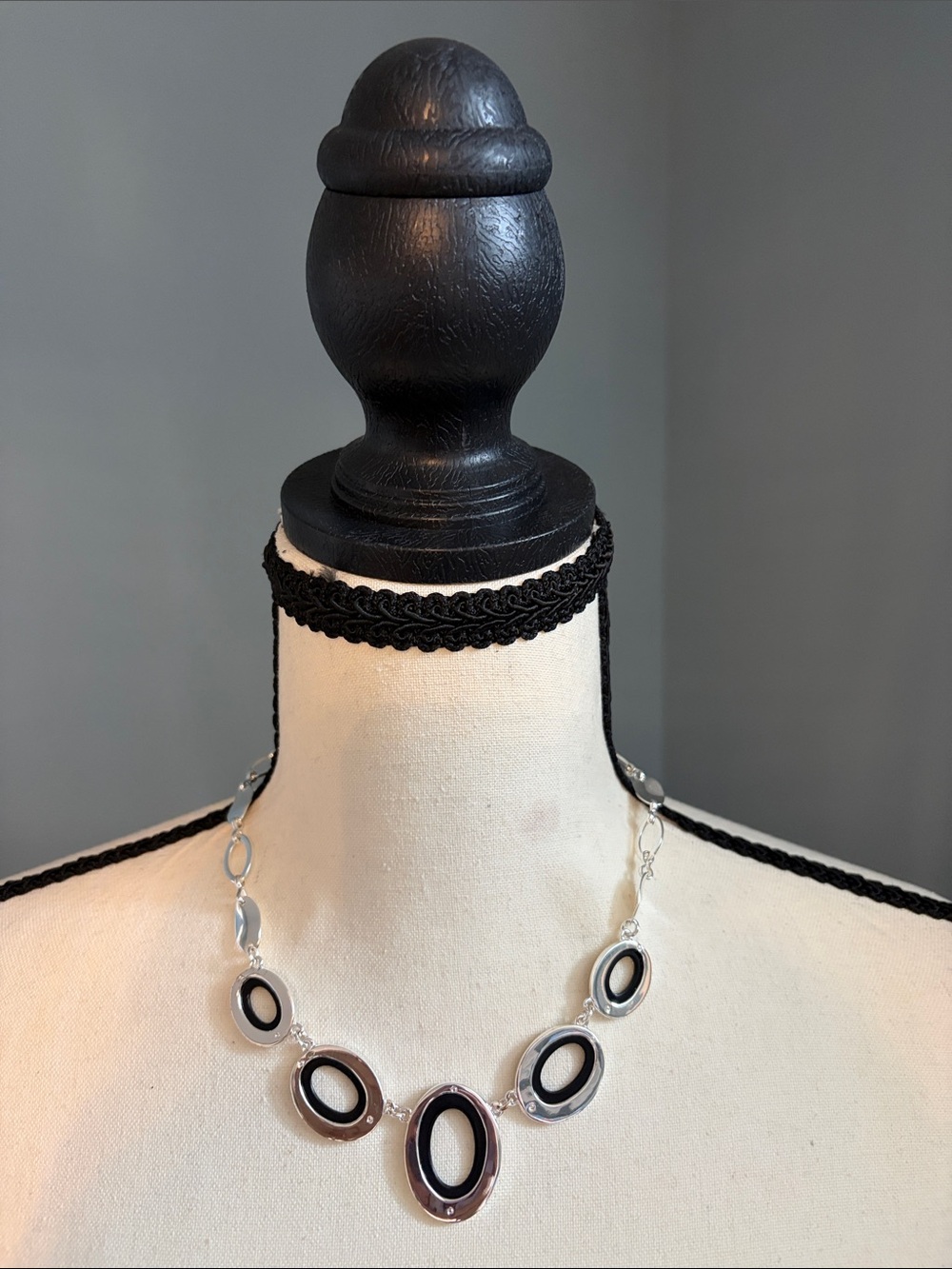 Nine West Contemporary Silver Oval Necklace with Black  Accents